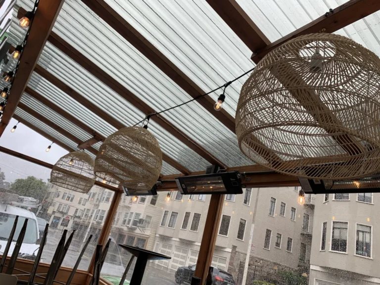 Light-Fixture-Installation-6 - Aguilar Electric Outdoor seating area with wooden beams, string lights, wicker lamps, and space heaters under a translucent roof, with buildings and a rainy street visible in the background. licensed electrician san francisco