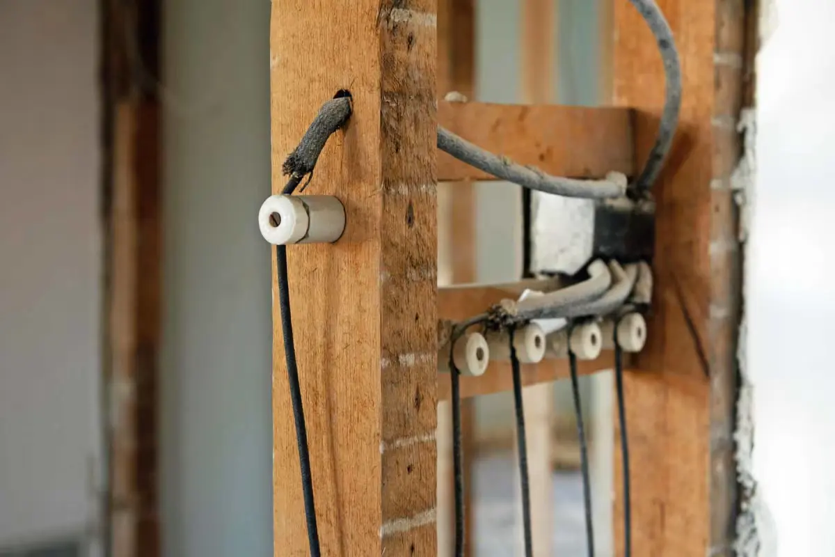 homeguide-knob-and-tube-wiring-in-older-home - Aguilar Electric Close-up of exposed electrical wiring and ceramic insulators mounted on a wooden structure during building renovations.