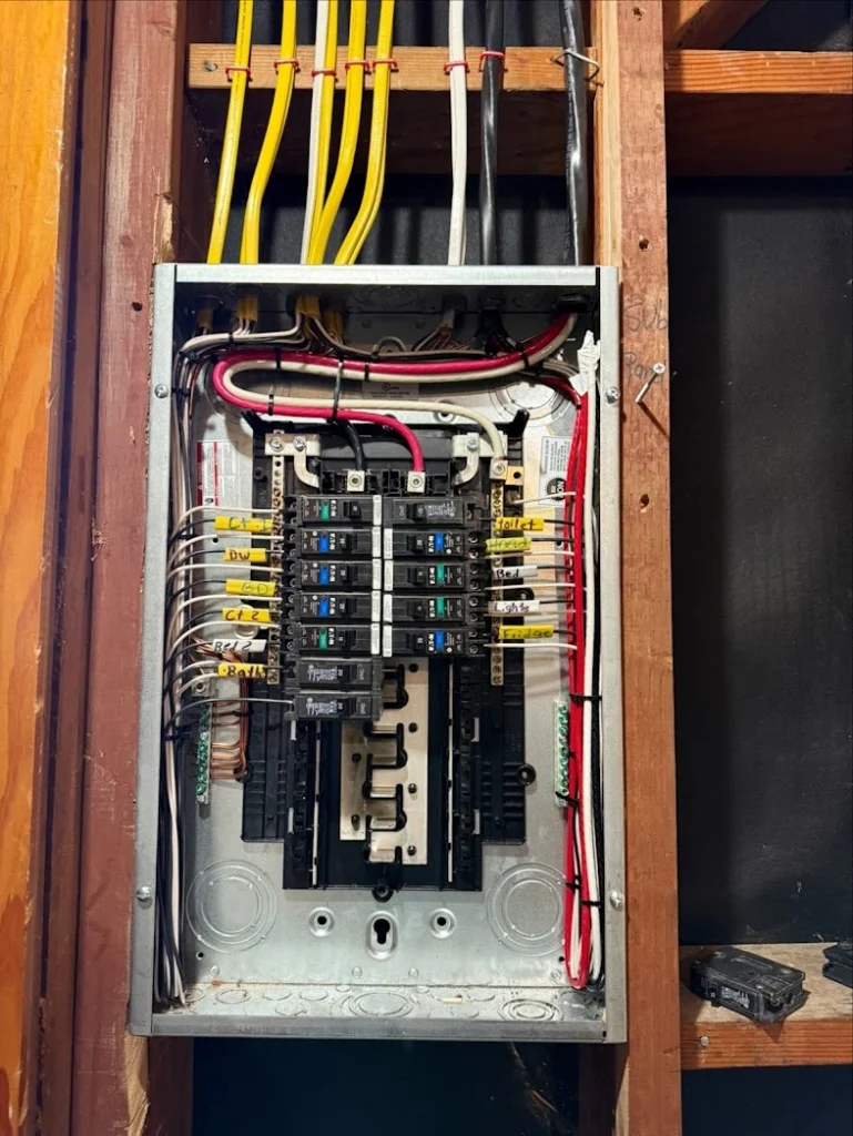 An open electrical panel with multiple circuit breakers, labeled wires, and yellow electrical cables entering from the top.